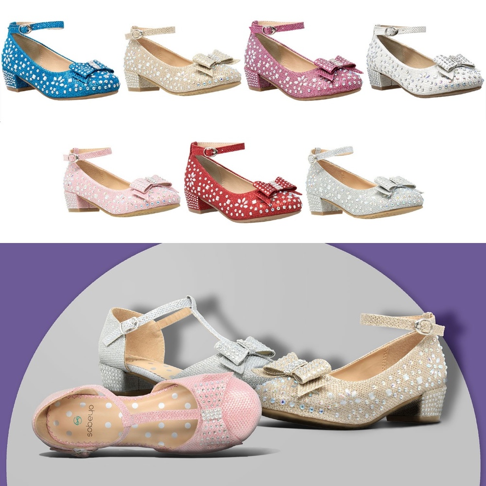 Kids Pink Glitter Rhinestone Bow Low Heel MARY-50
